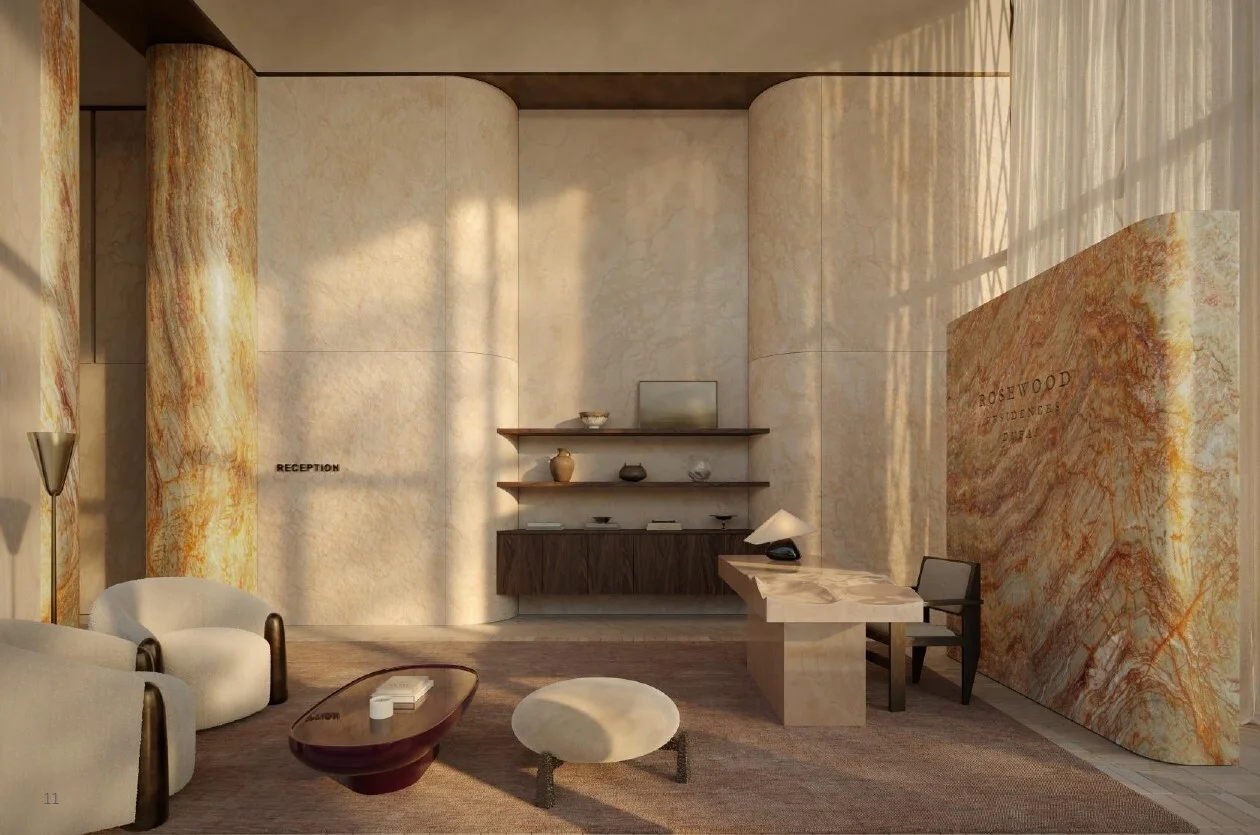 Elegant marble reception desk and lobby. Professional real estate services for exclusive residential buildings.