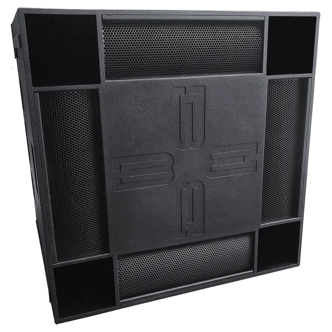 Black speaker cabinet with central embossed logo and grilles