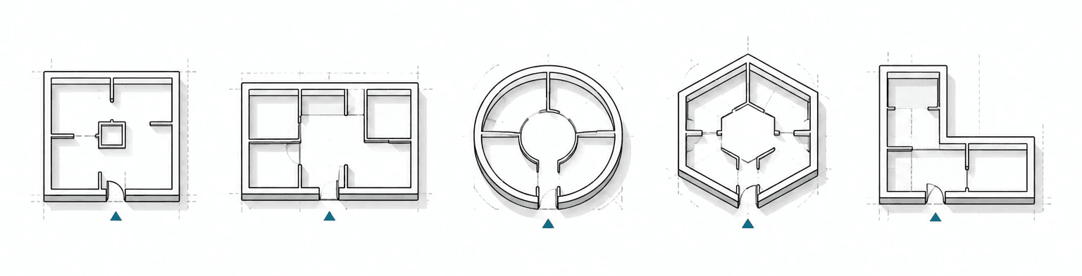 A series of five different architectural blueprints, each with unique features, just like the five individual trading profiles