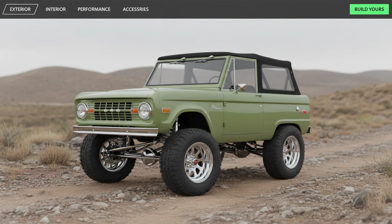 Photorealistic 3D render of a classic, lifted Ford Bronco in a light olive green color, showcased in a product configurator style. Low-angle three-quarter view, parked on a rocky, dirt terrain. The Bronco features a black soft top, large off-road tires on chrome wheels, and a detailed suspension. Lighting is soft and diffused, like an overcast day, creating subtle shadows. The background is a blurry, arid landscape with rolling hills, creating a shallow depth of field. Overlaid at the top is a modern, semi-transparent dark UI navigation bar with placeholder menu items and a green call-to-action button.
