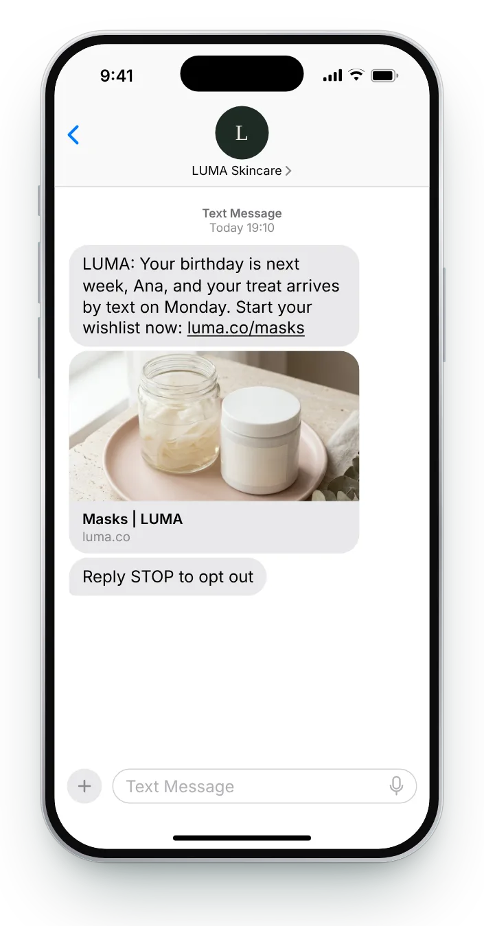 A heads-up the week before birthday text on an iPhone
