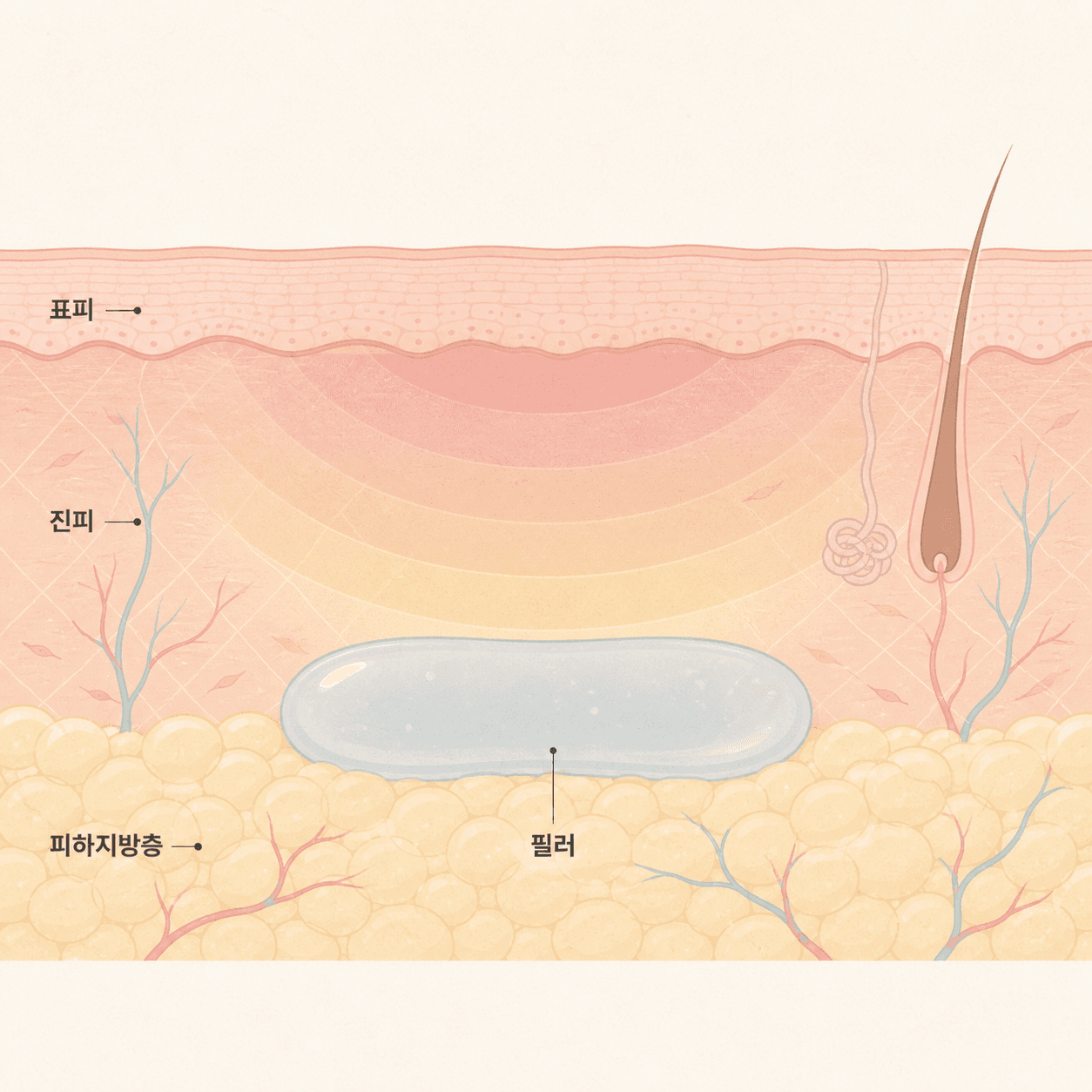 피부 층과 필러가 자리잡은 깊이, 그리고 열이 퍼지는 경로
