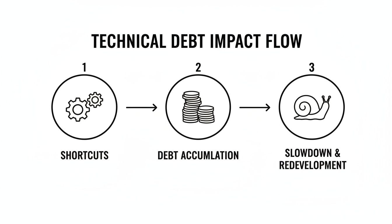 Flowchart illustrating the technical debt impact flow: shortcuts lead to debt accumulation, causing slowdown and redevelopment.