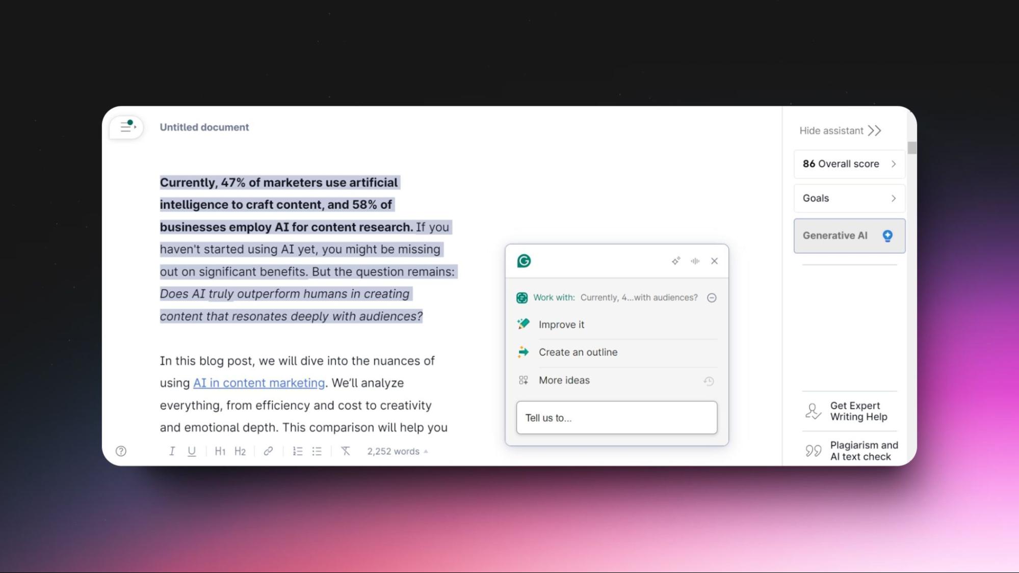 Screenshot of Grammarly editor highlighting AI content use stats with options like "Improve it" and "Create an outline."