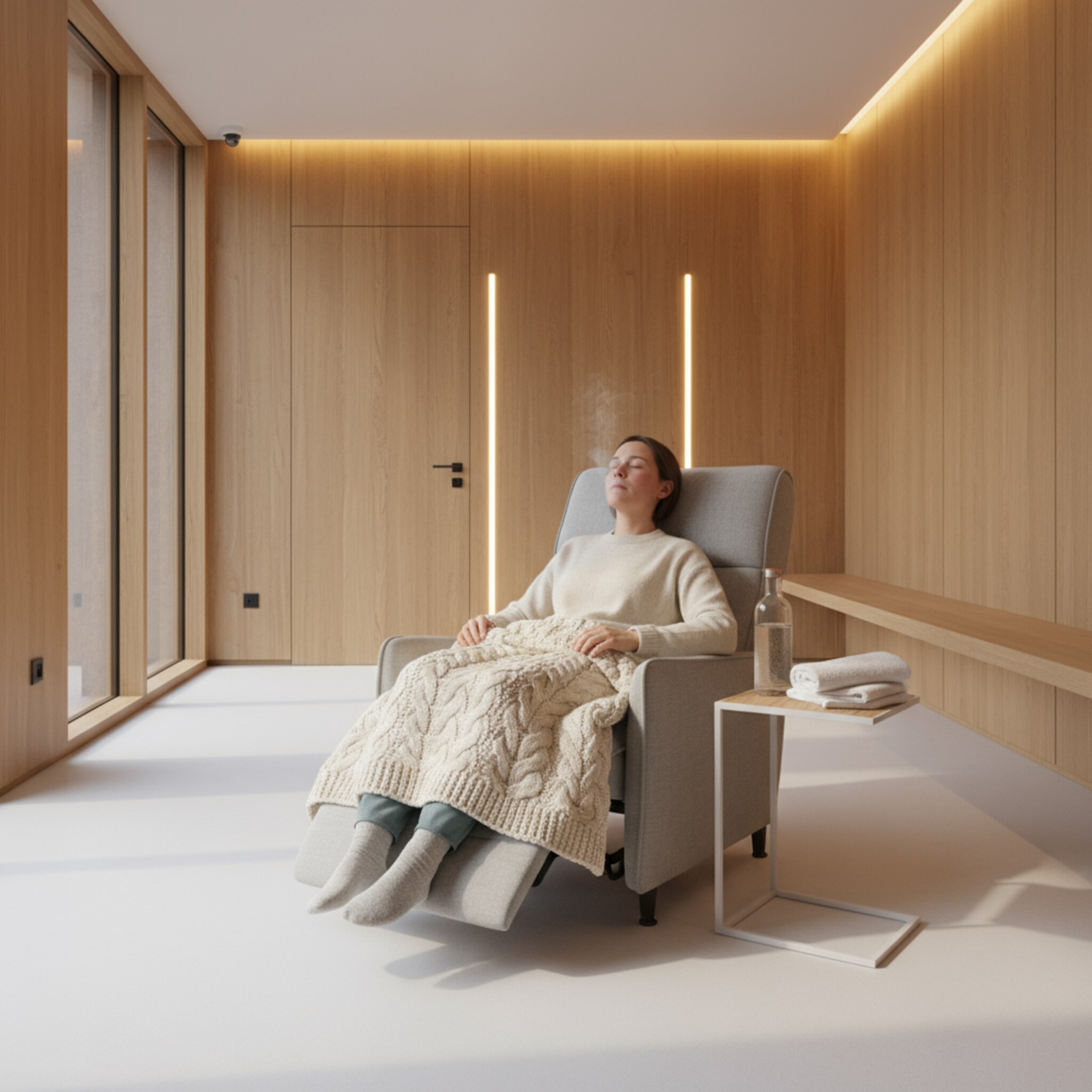 Ein ruhiger Ruheraum mit hellem Holz und weichem, indirektem Licht. Eine Person zieht eine Decke über die Beine, lehnt den Kopf zurück und atmet sichtbar aus. Neben der Liege stehen eine Wasserflasche und ein gefaltetes Handtuch. Die Stille des Raums kontrastiert spürbar mit der intensiven Kälte zuvor.