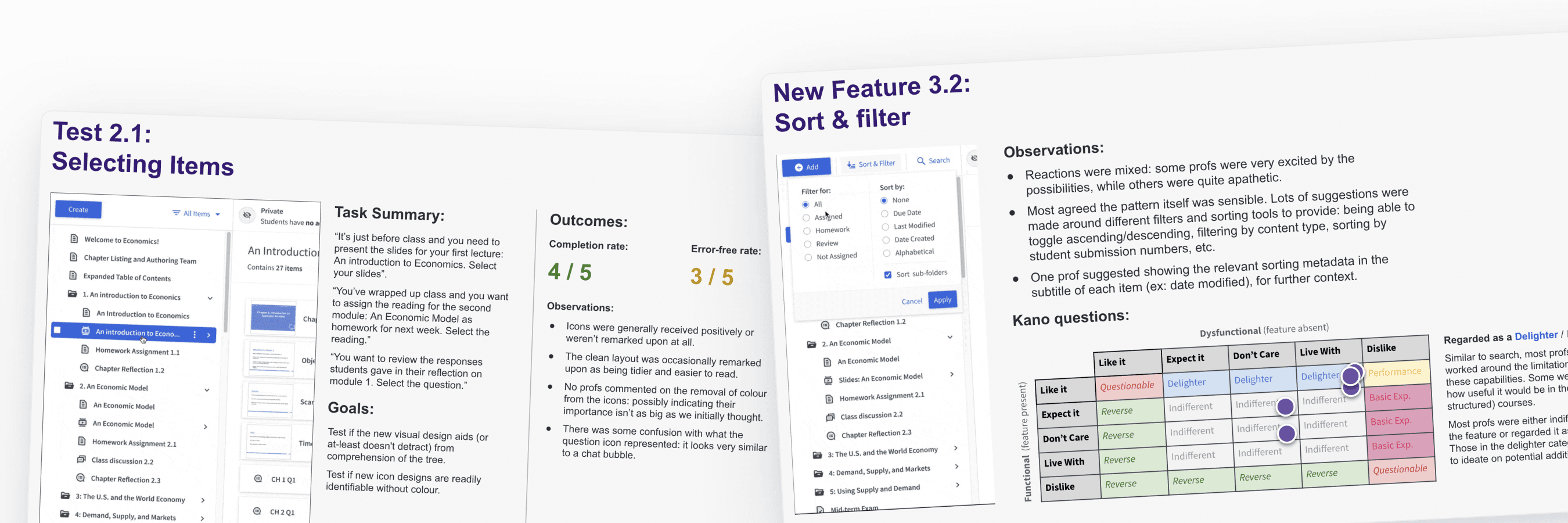 Slides summarizing usability testing of a redesigned content tree, showing task scenarios, completion metrics, observations, and Kano model results for features like item selection and sort and filter.