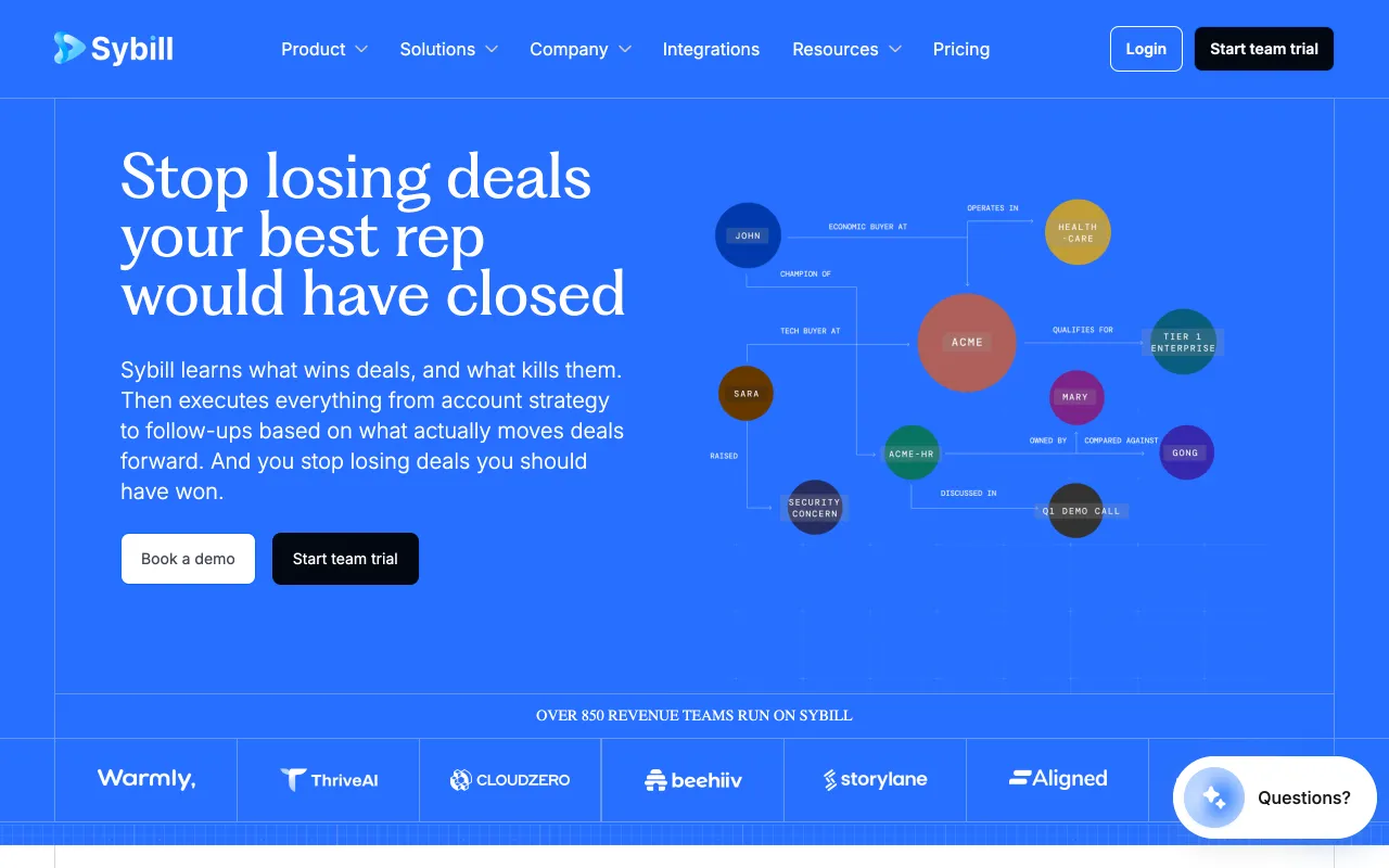 Sybill.ai homepage, behavioral AI meeting assistant for small business sales teams