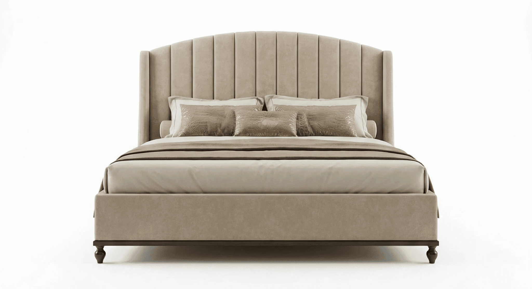 Upholstered bed with vertically channelled headboard and low platform base