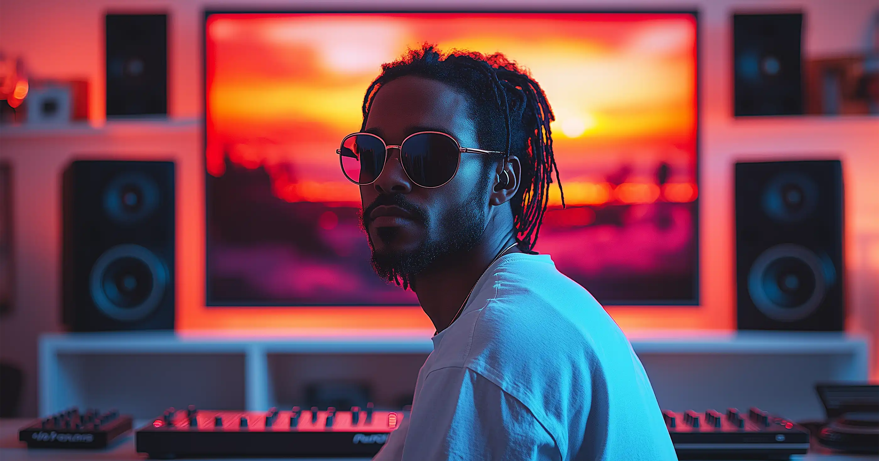 a male producer with sunglasses behind is digital audio workstation