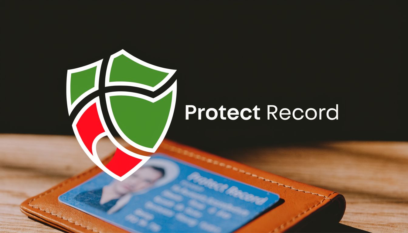 A logo for Protect Record displayed over a leather wallet containing a personal identification card.