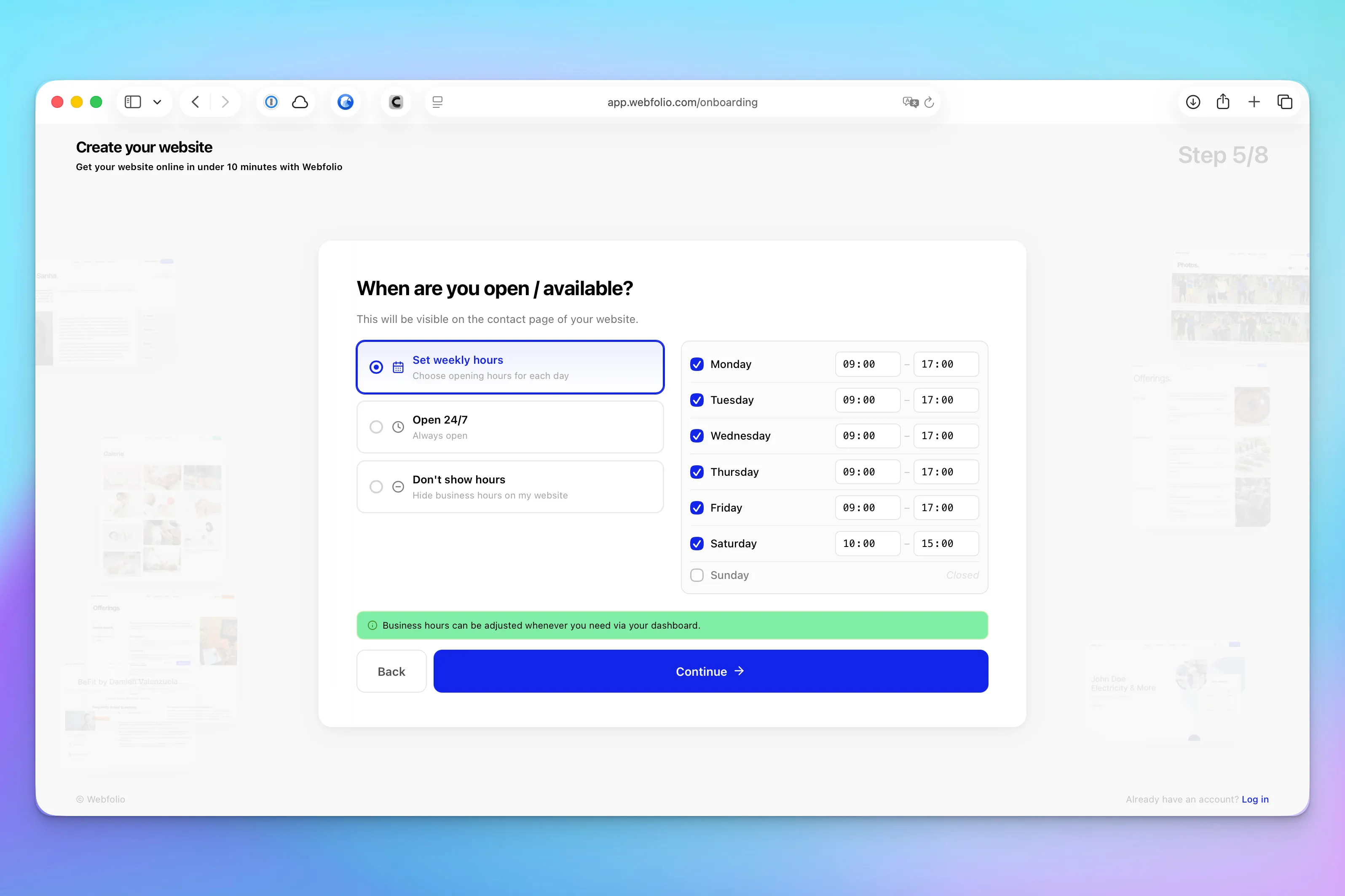 Screenshot of webfolio website builder onboarding wizard