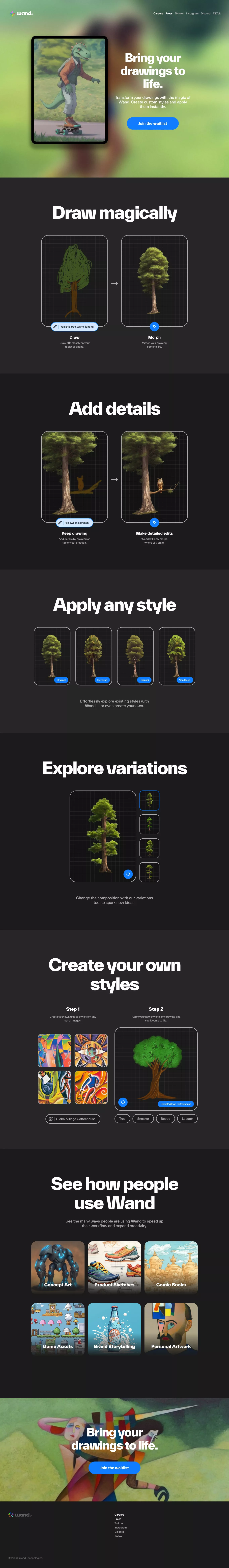 Wand –&nbsp;Bring your drawings to life. landing page screenshot showcasing Design and Tech design
