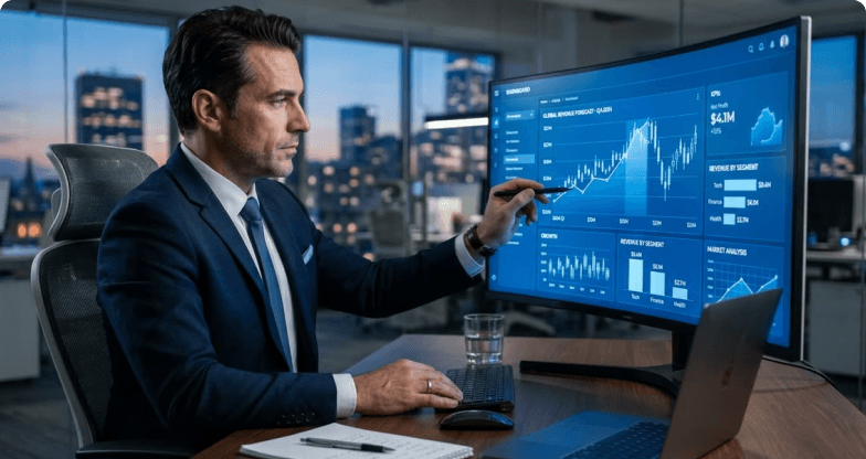 Executive reviewing business analytics on a monitor