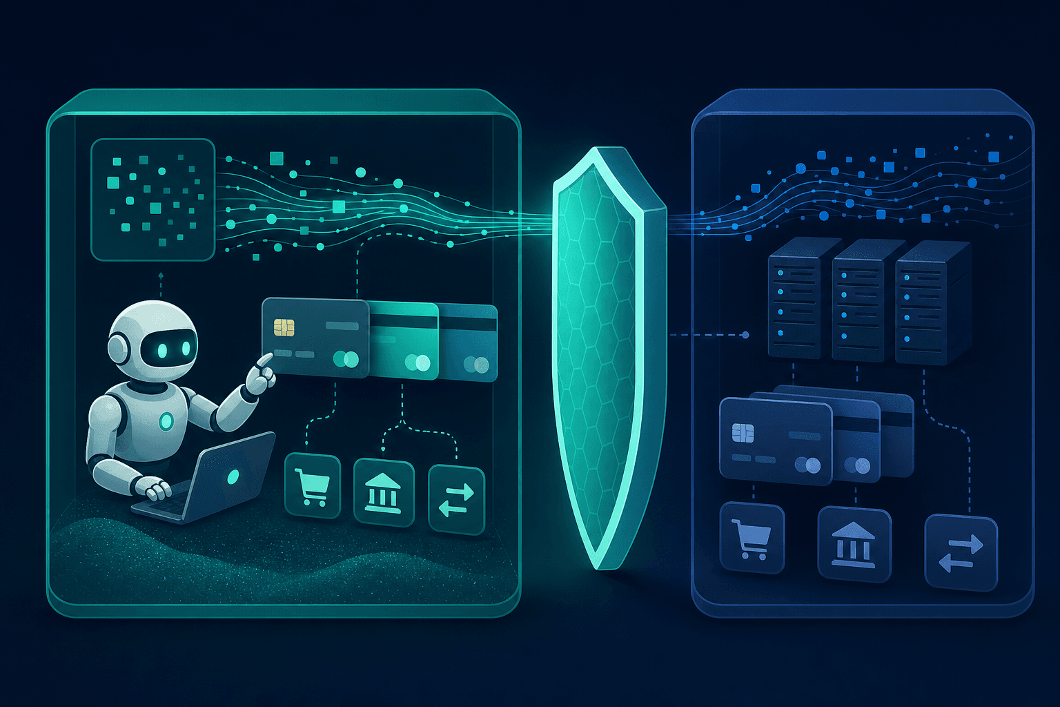 A clean, modern illustration of a secure sandbox testing environment for an AI agent, showing two parallel lanes: one labeled as a safe isolated test environment with synthetic data flowing through it, and one as a live production system protected by a shield or barrier. Abstract data flows, account cards, transaction icons, and a robotic AI agent figure interact with the sandbox side only. Dark navy and teal color palette, flat design style, no text or labels.