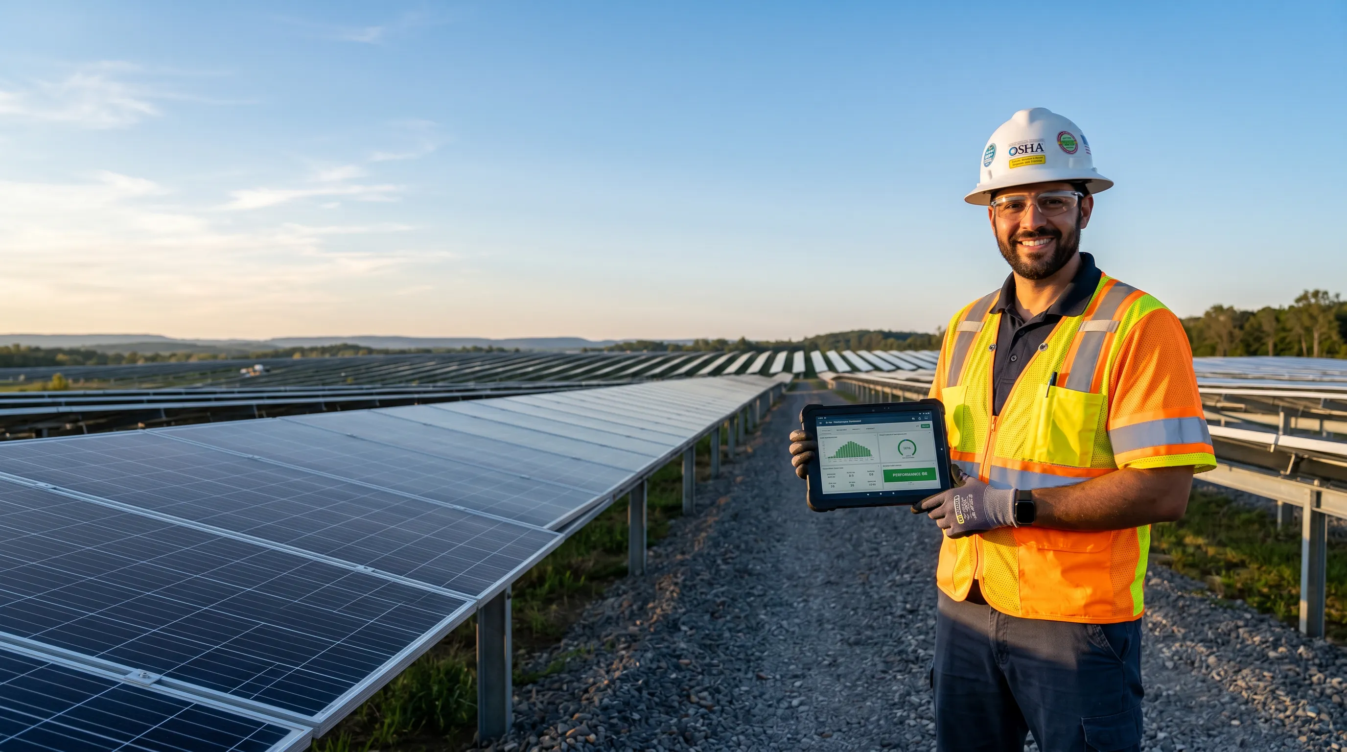 Engineer in safety gear standing beside solar panels at sunset on a solar farm site.