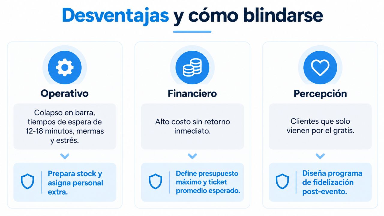 Infografía sobre las desventajas operativas, financieras y de percepción al regalar café y cómo prevenirlas adecuadamente.