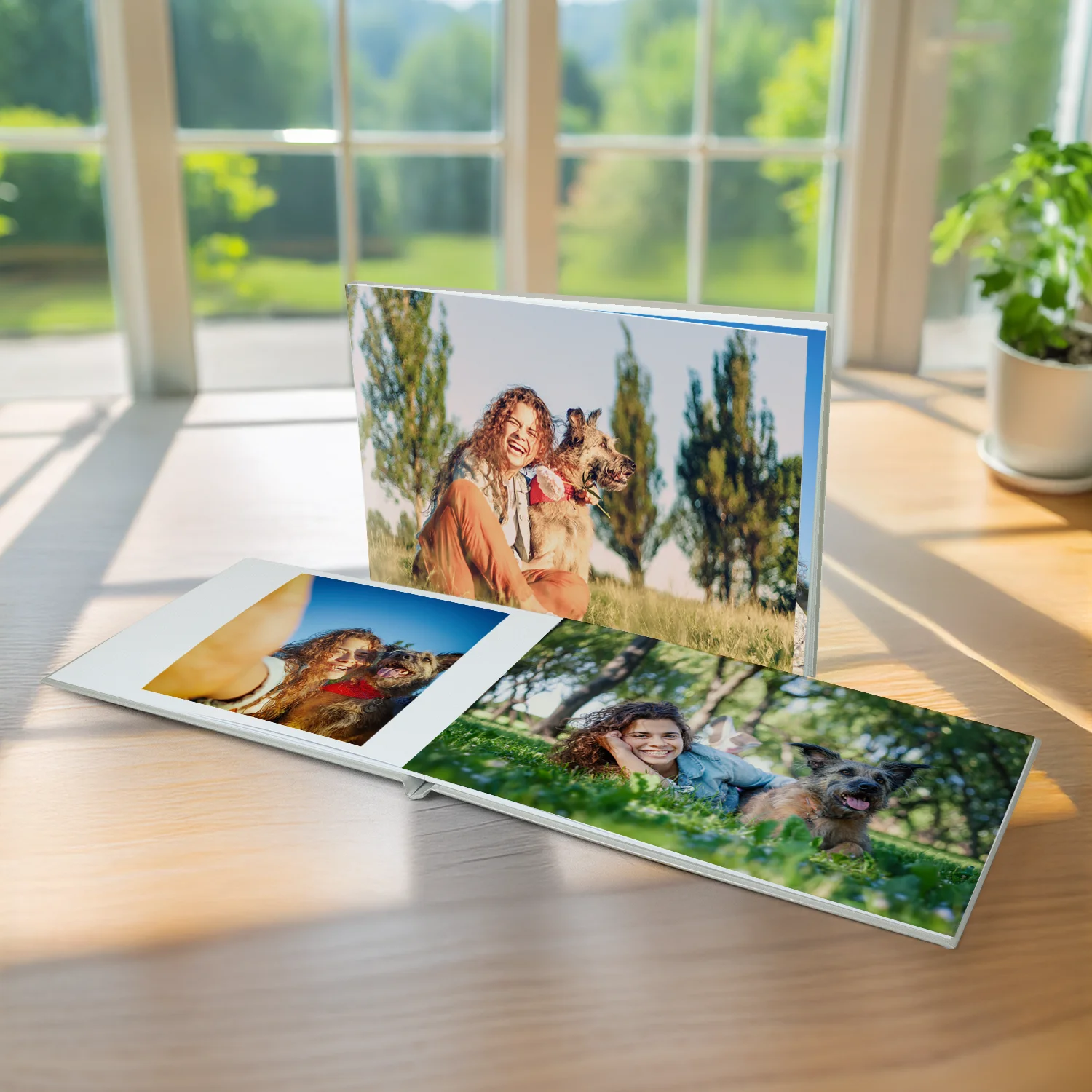 Fotolivro de capa dura no tamanho 20x20cm aberto e fechado em loop.