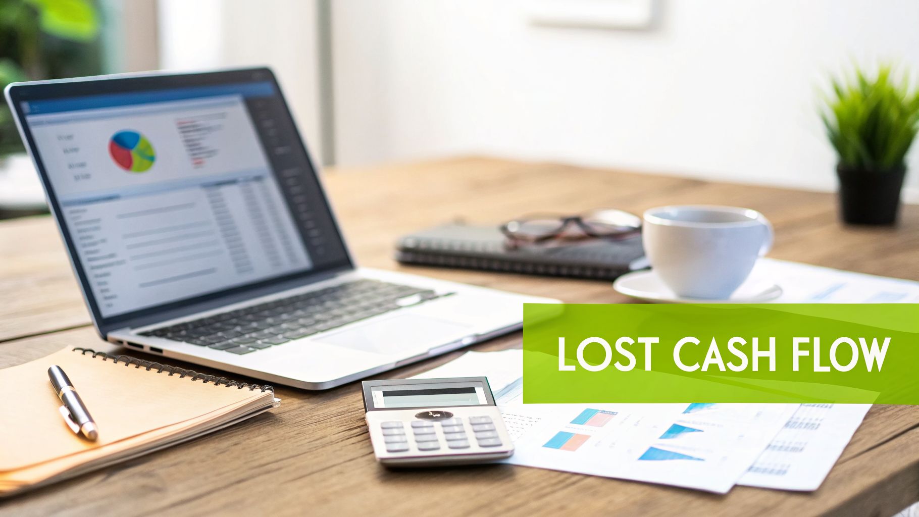 A desk with a laptop showing financial charts, calculator, notebook, coffee, and text 'LOST CASH FLOW'.
