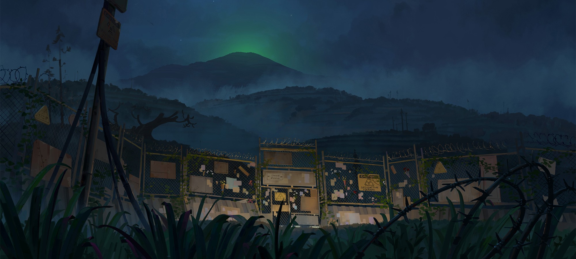 A nighttime scene featuring a green light glowing atop a distant mountain, creating an eerie and mysterious tone.