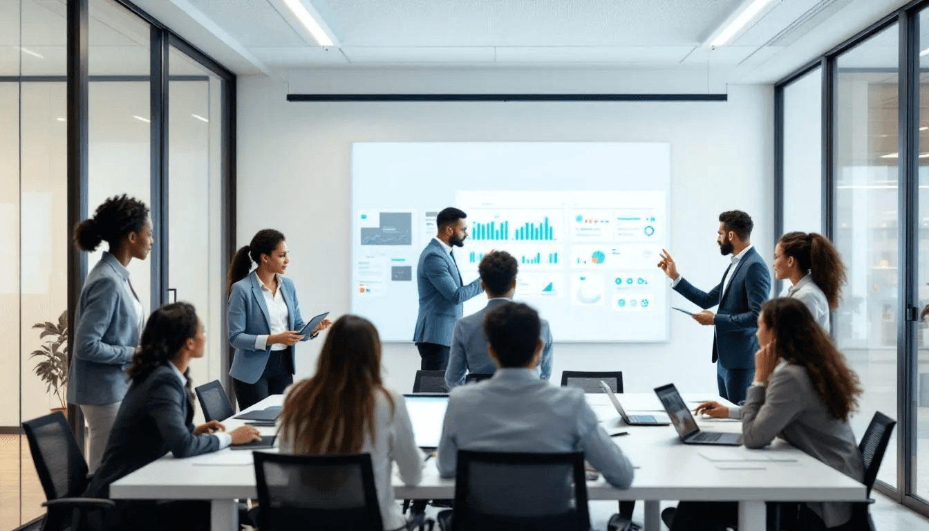Un groupe de professionnels divers se réunit autour d'écrans et de tableaux pour collaborer à la conception pédagogique de formations digitales. Cette équipe dynamique met en avant leur créativité et expertise dans le développement de solutions d'e-learning sur mesure.
