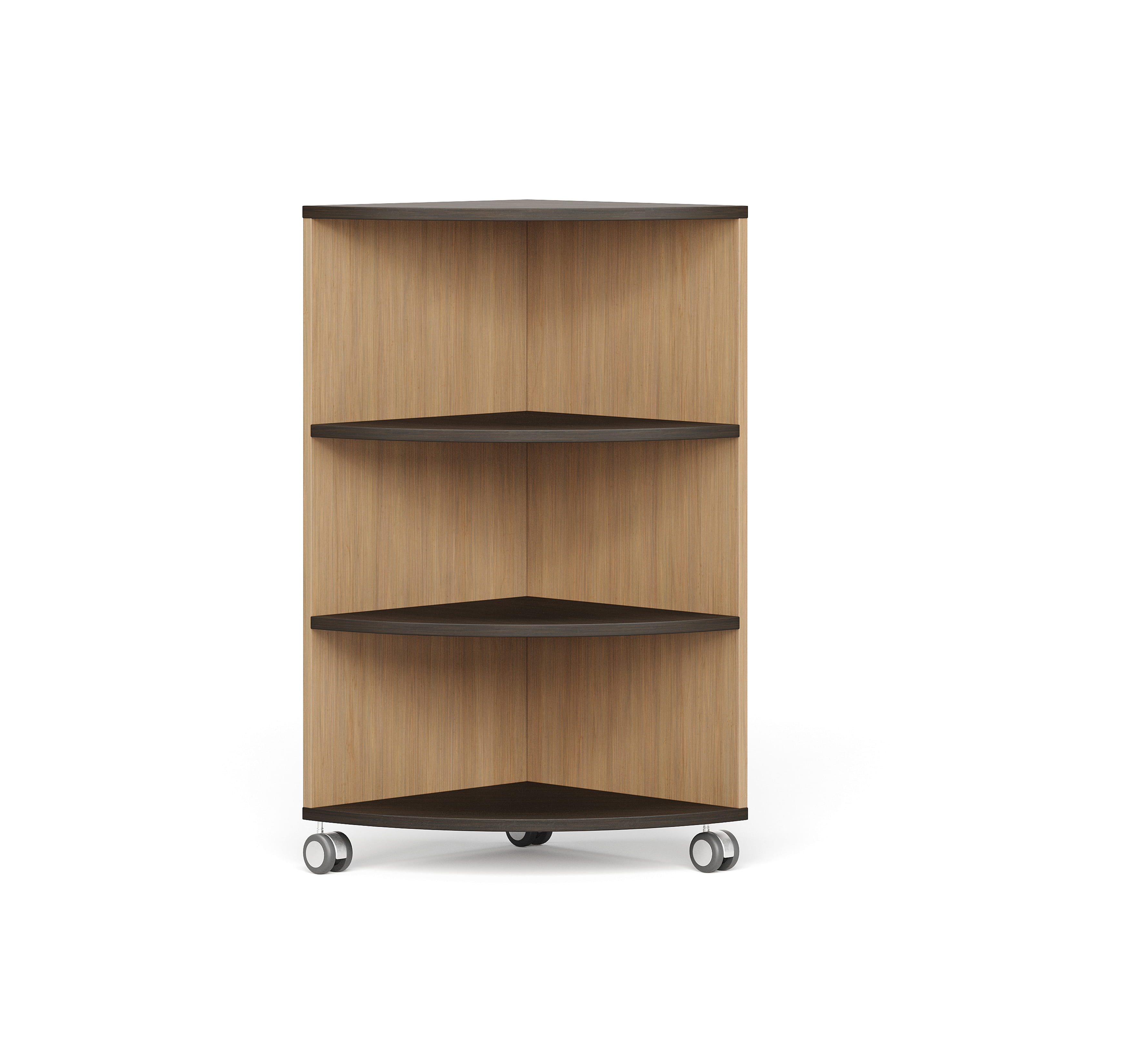 Front view of corner shelf unit with wooden finish and multiple storage tiers