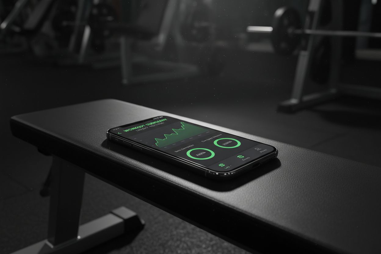 Smartphone showing workout charts on a wooden bench