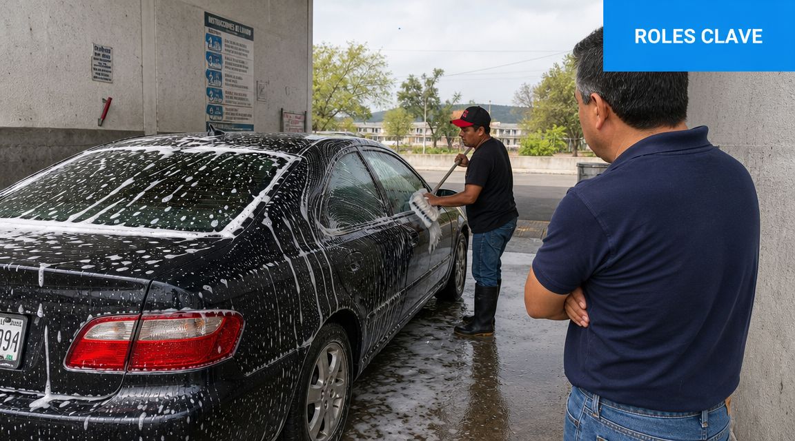 Un empleado de autolavado limpia un vehículo mientras un cliente observa el proceso de limpieza.