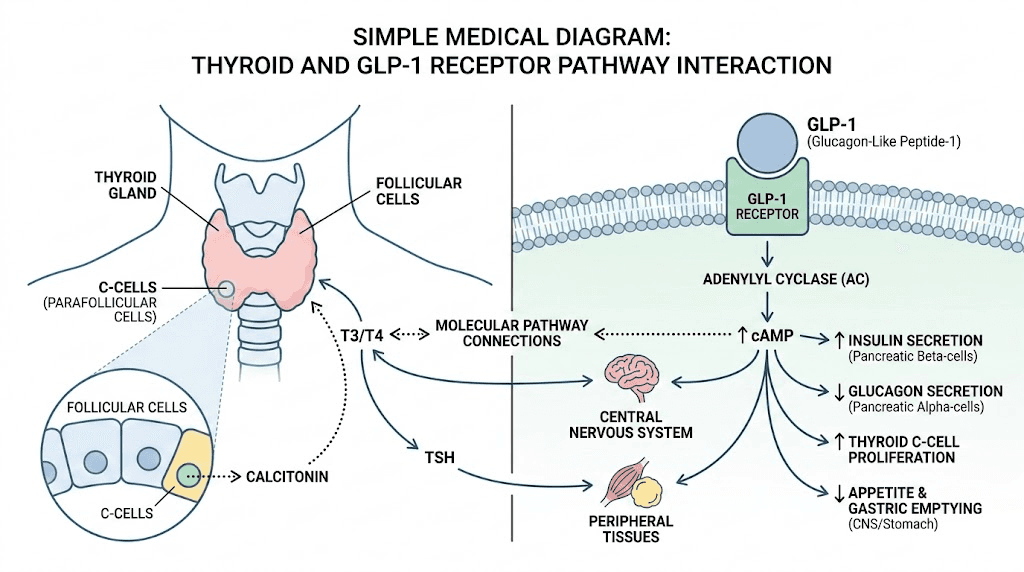 Hashimoto's thyroid gland and GLP-1 receptor pathway connection diagram
