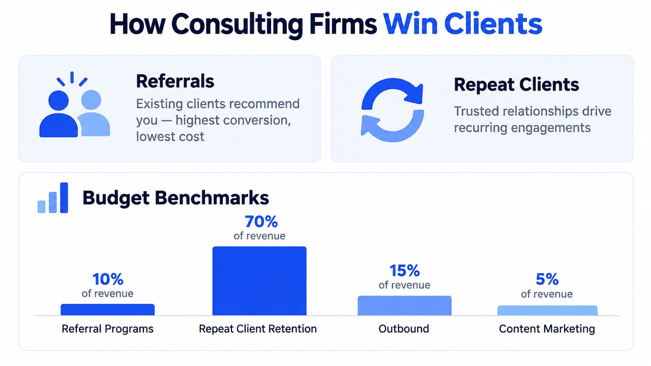 A chart showing strategies for consulting firms to win clients through referrals, repeat business, and budget allocations.
