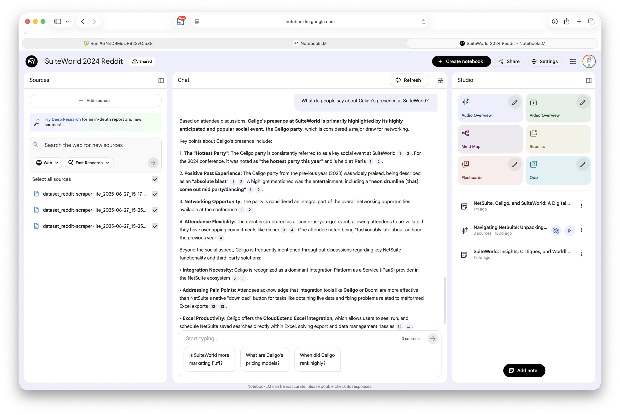 Screenshot: NotebookLM showing query and response about Celigo's booth presence