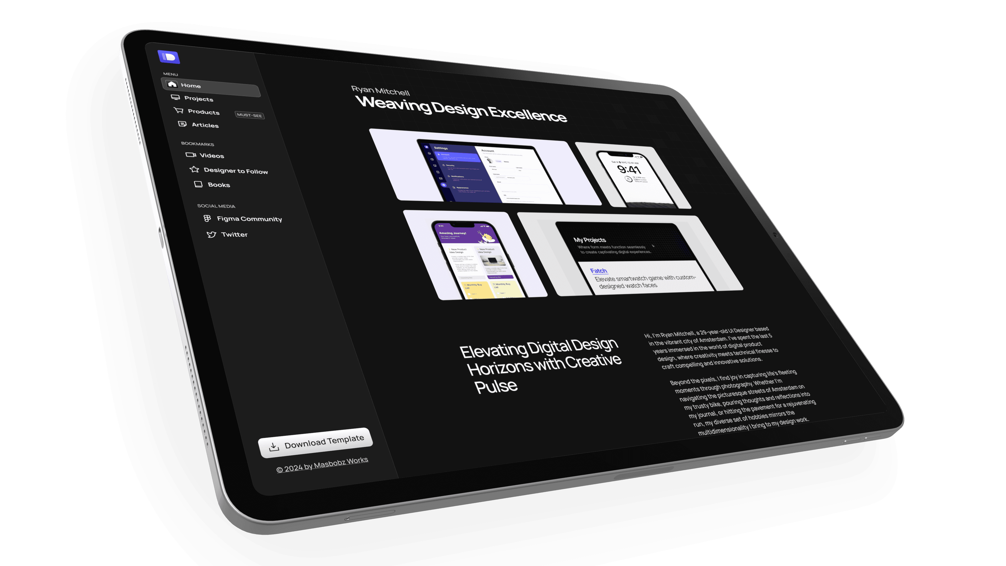 Preview of the Dashbar Framer template displayed on an iPad