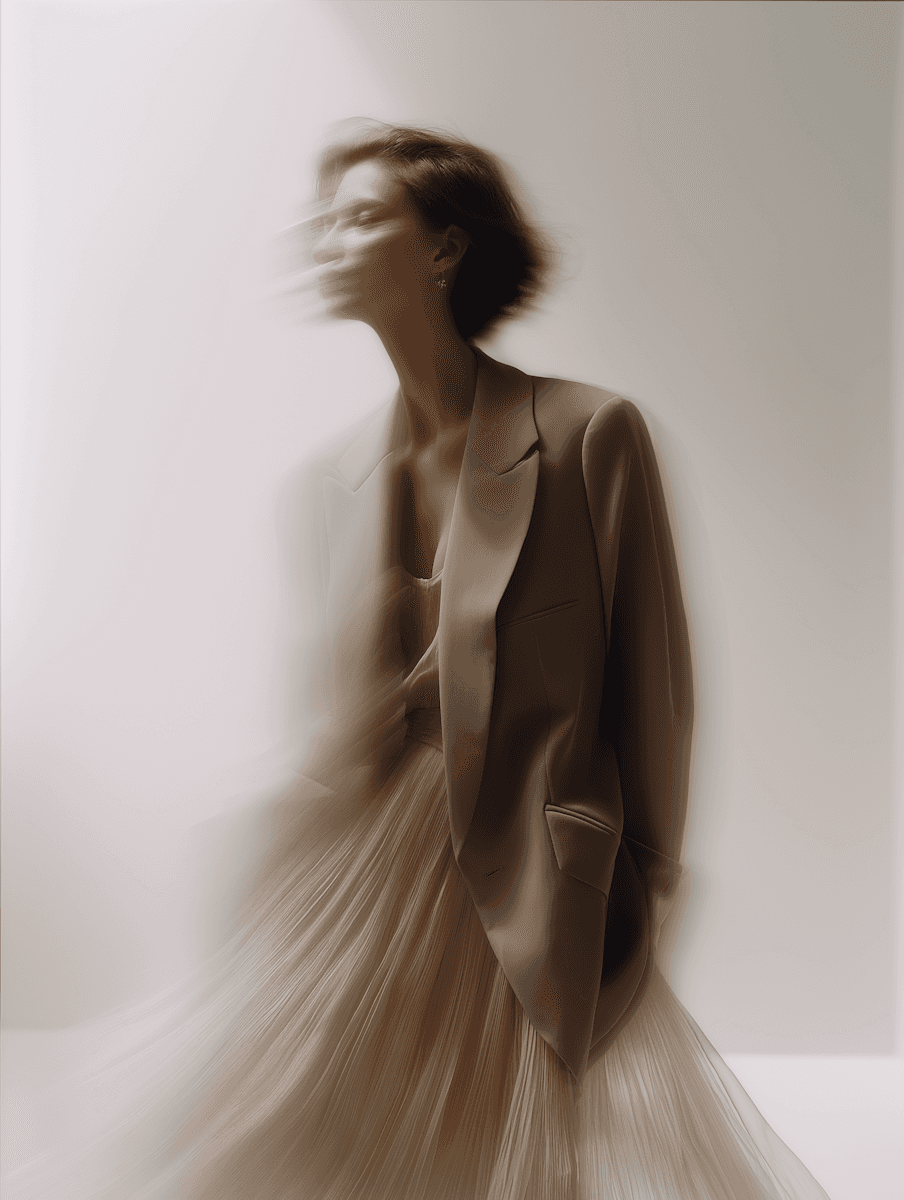 Motion-blurred portrait of a woman wearing a blazer and flowing skirt against a neutral background