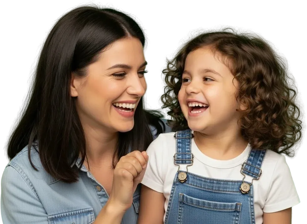 A woman and a child share a joyful moment.