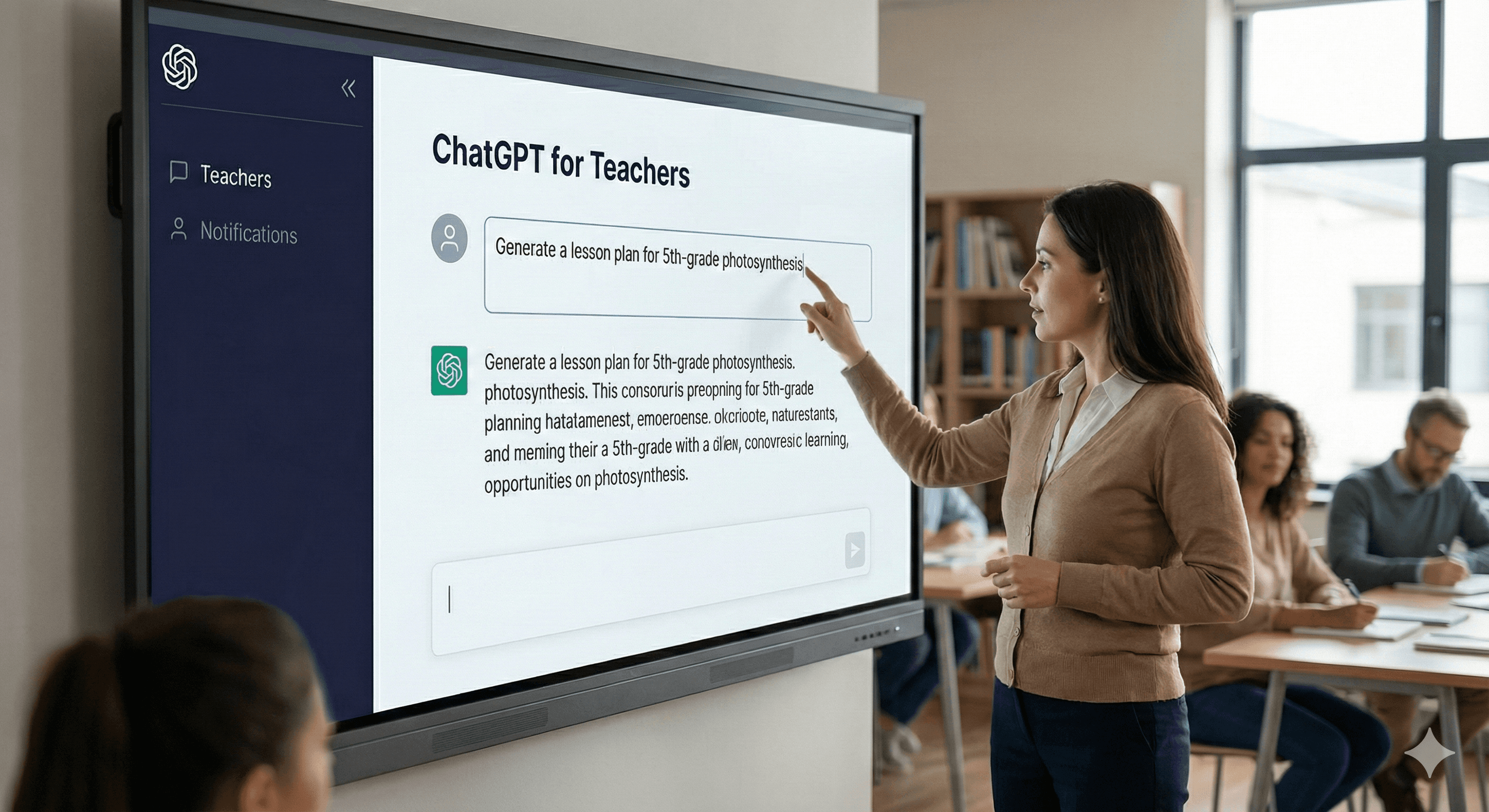 A teacher in a classroom uses an interactive display to generate a lesson plan on photosynthesis with ChatGPT for Teachers, while students attentively watch, showcasing technology integration in education.