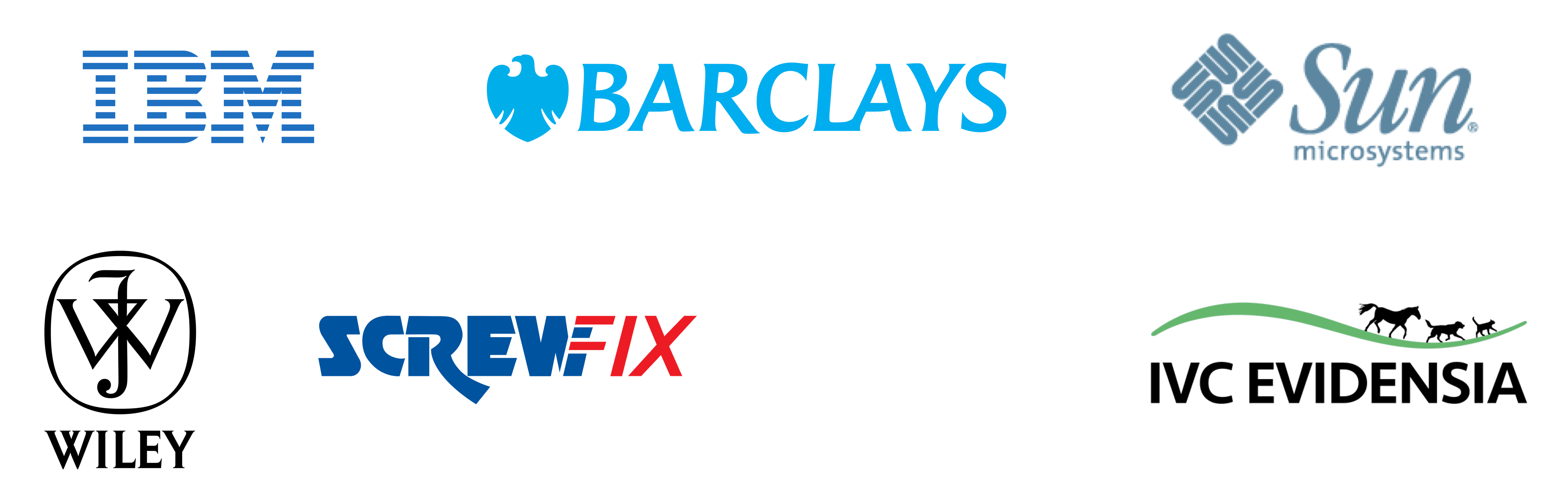 Logos for IBM, Barclays, Sun Microsystems, Wiley, Screwfix, PEI Group and IVC Evidensia