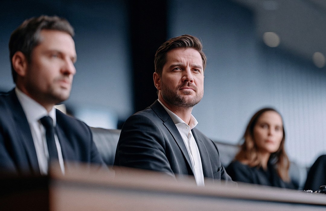 Homem de terno cinza e camisa branca olhando atentamente para frente durante uma apresentação corporativa.