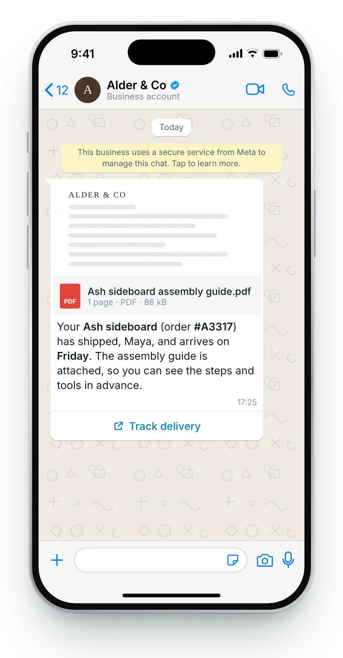 The assembly guide, sent ahead: WhatsApp shipping update on an iPhone