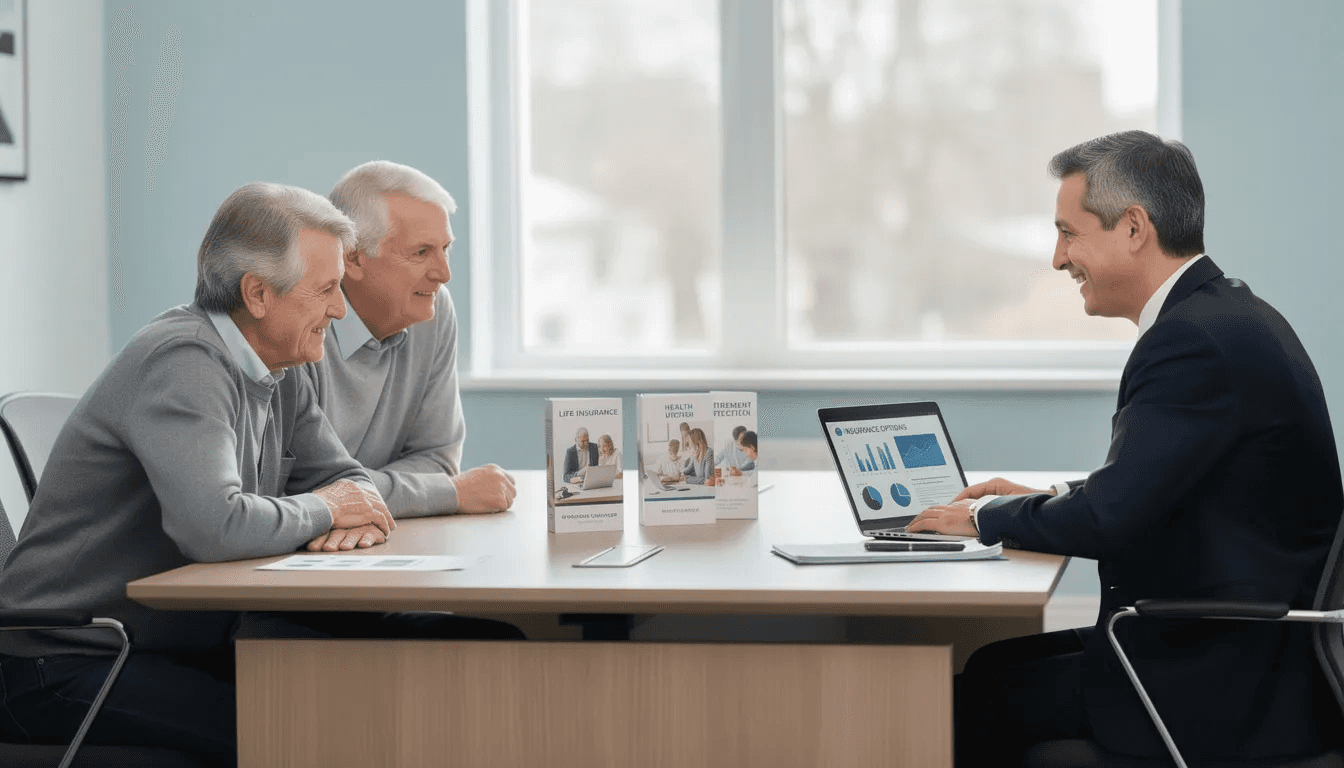 A financial advisor is meeting with a senior couple to discuss various insurance options, including long term care insurance policies and their benefits, such as daily benefit limits and elimination periods. The advisor is helping them navigate their financial situation and understand the coverage provided by different insurance companies, ensuring they make informed decisions about their long term care needs.
