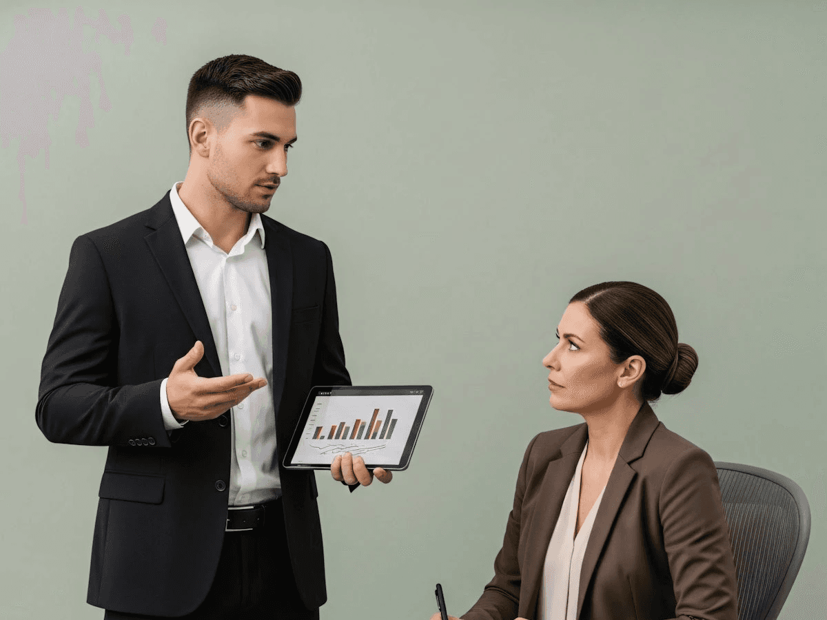 a man and a woman shaking hands in front of a laptop