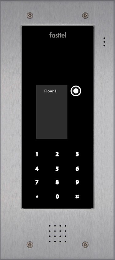 Black smart home device with screen showing time and temp