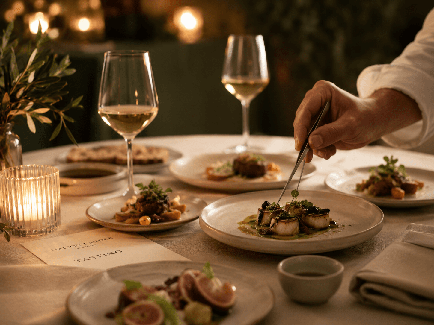 Private tasting table with small plated dishes and wine