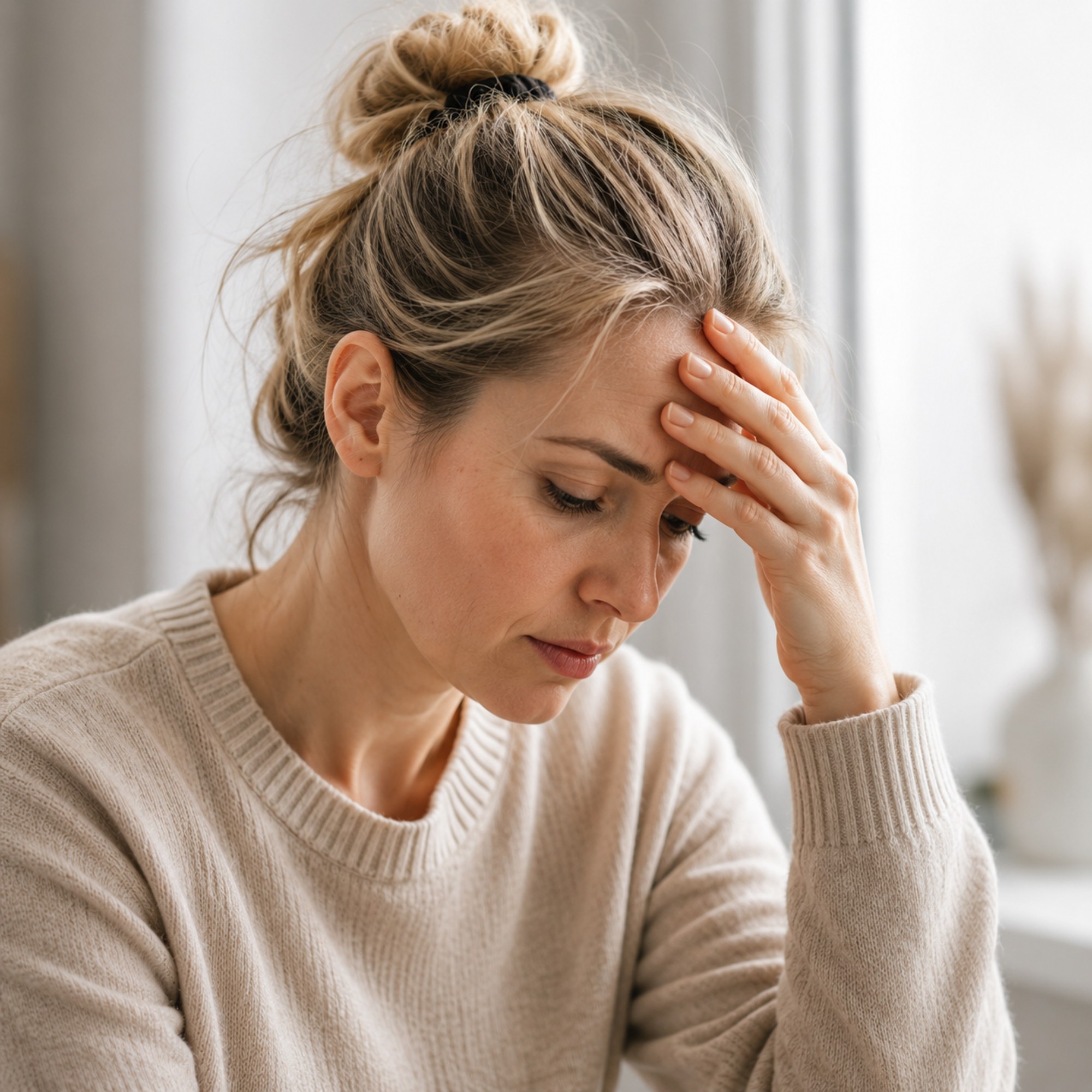 Nederlandse vrouw met stressgerelateerde haaruitval in een moment van mentale belasting en vermoeidheid.
