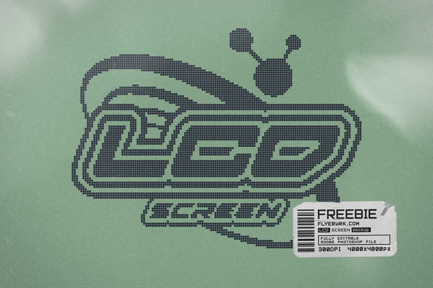 LCD Screen Pixel Grid Mockup featuring a dark grey digital logo on a grainy green screen background