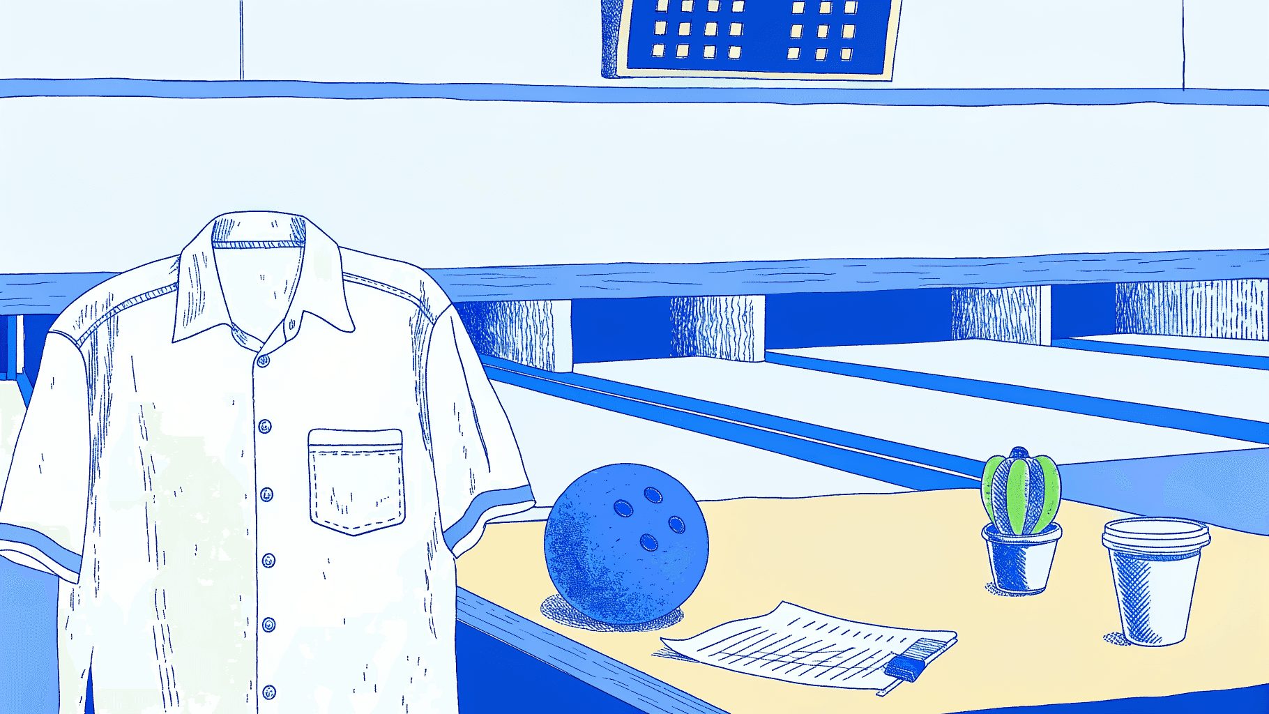Custom bowling team shirt beside a league board spotlighting a standout team name slot