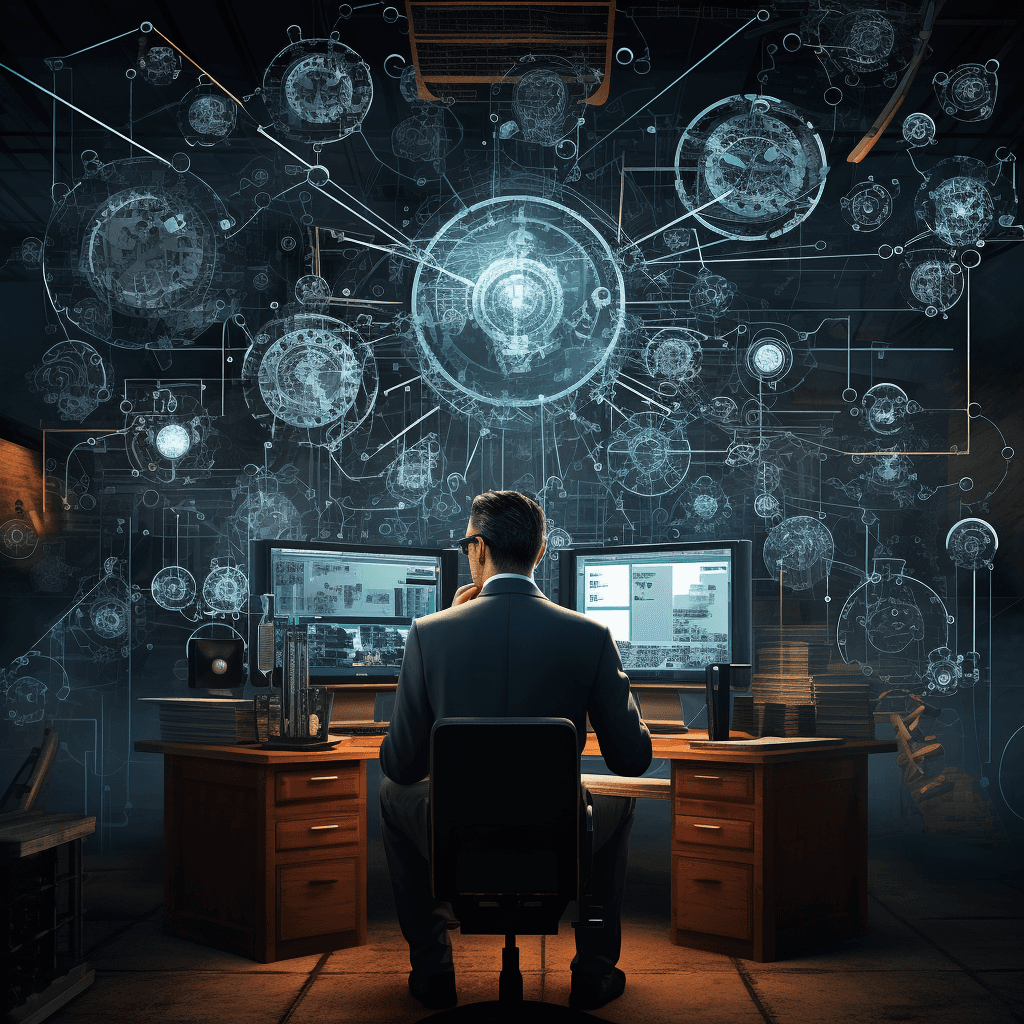 A man in a suit is seated at a desk, working on a computer with multiple screens, in a dark room illuminated by complex engineering schematics and digital blueprints that are projected onto the wall in front of him, suggesting a high-tech research or design environment