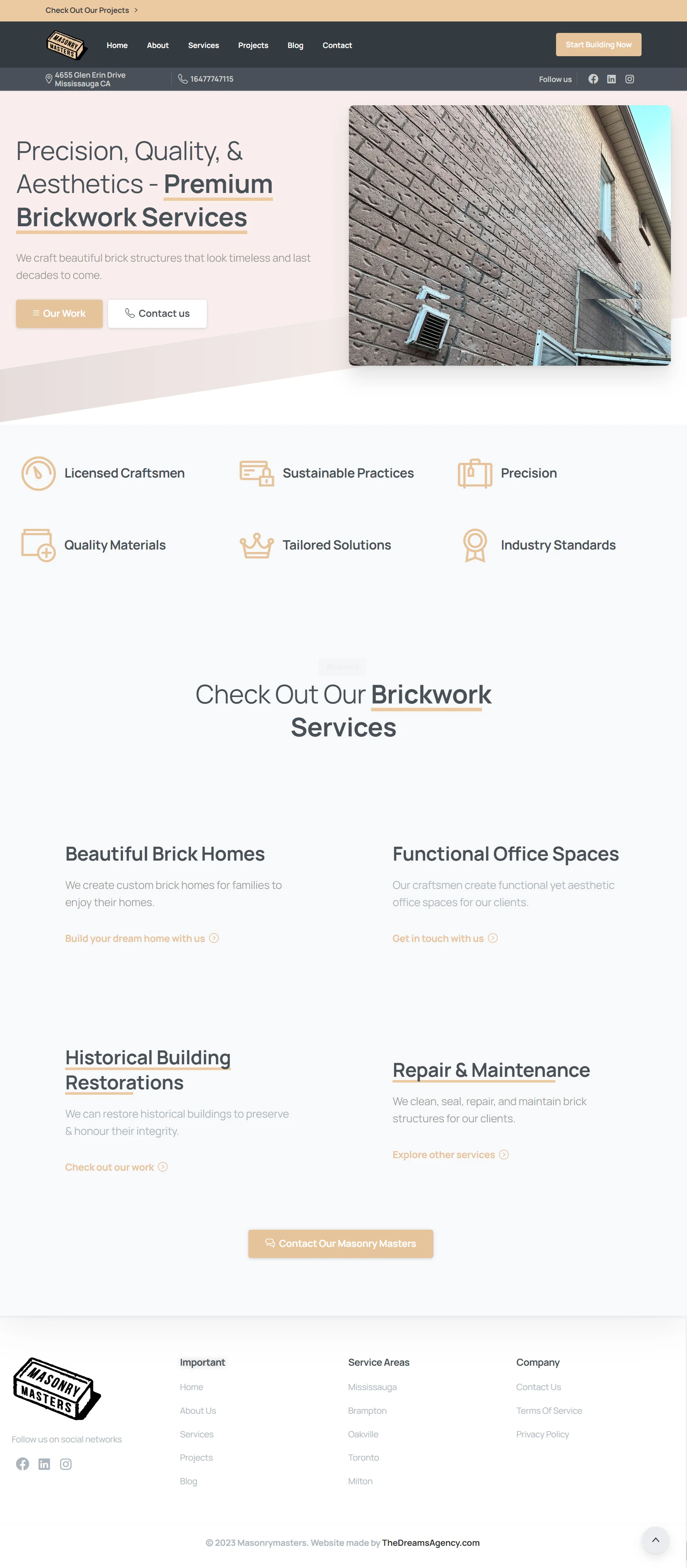 Brickwork page for Masonry Masters website developed & designed by Dreams Agency Mississauga, Ontario