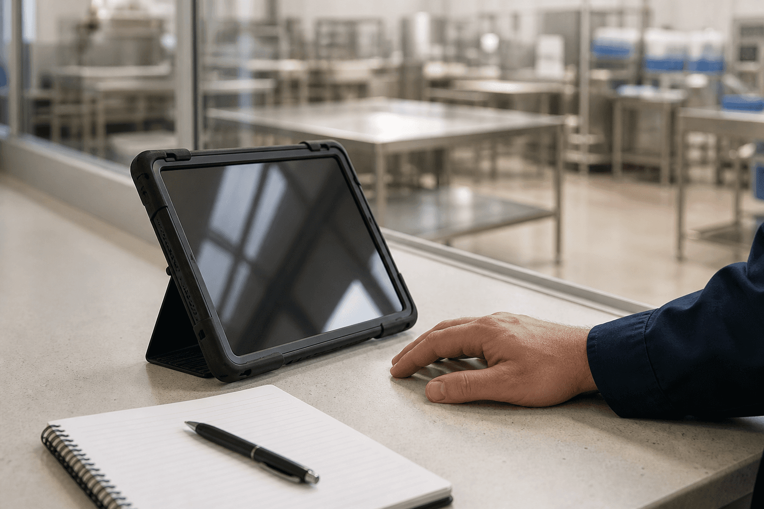 Tablet und Notizbuch an einem Arbeitsplatz neben einem Produktionsraum