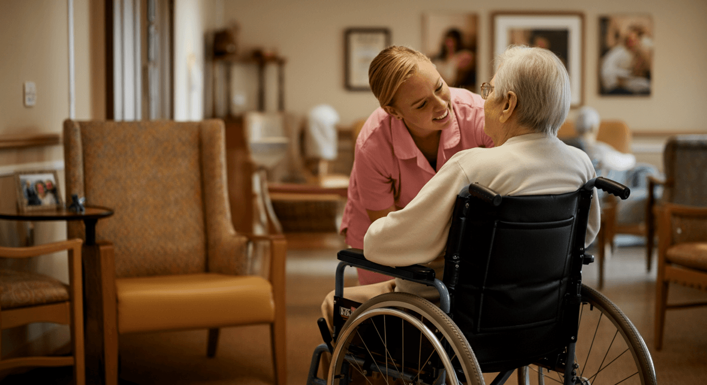 A friendly care-giver attending to an elderly patient in a wheelchair at a warm, inviting facility.