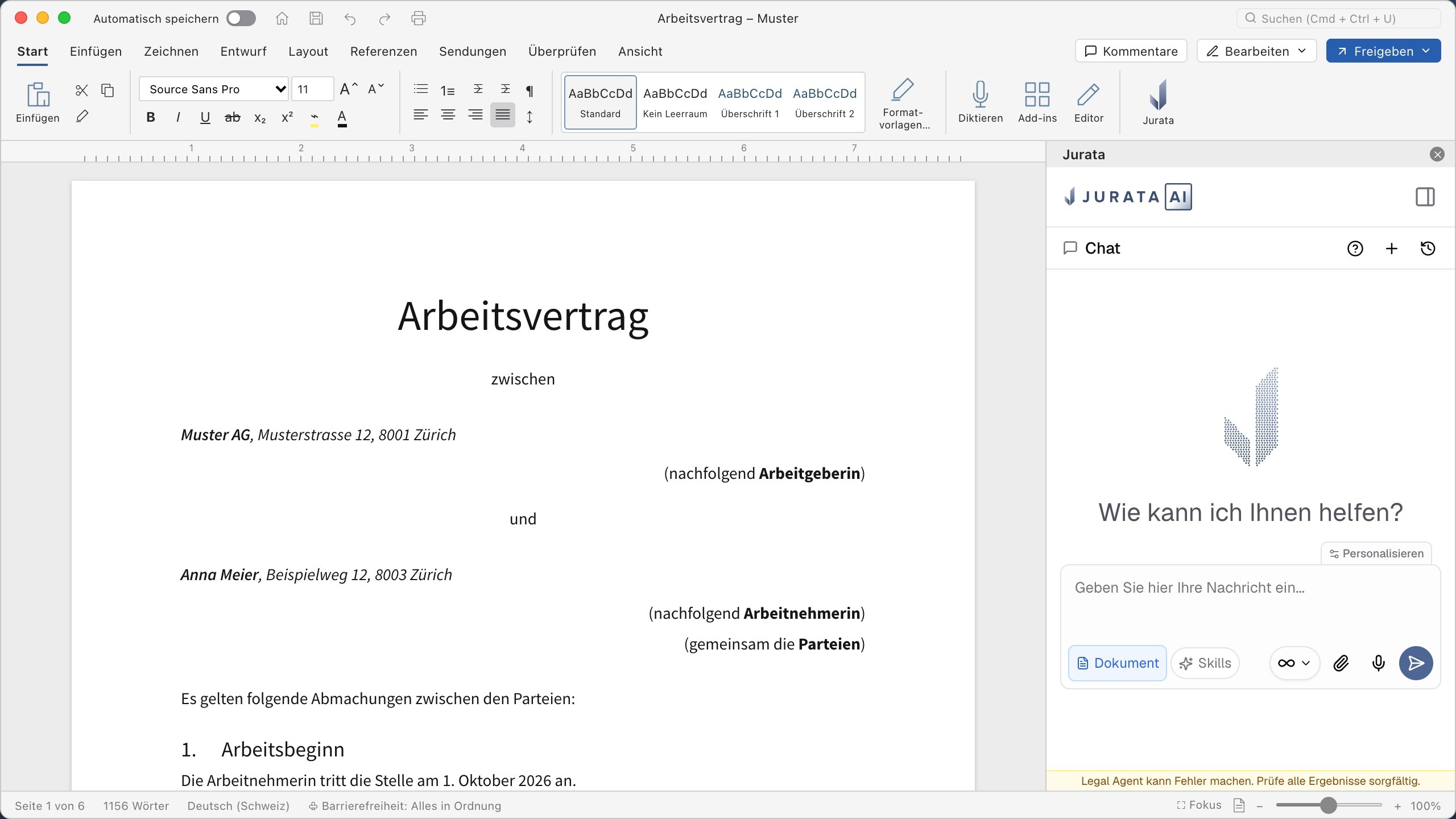 Jurata Word Add-in neben einem Arbeitsvertrag in Microsoft Word