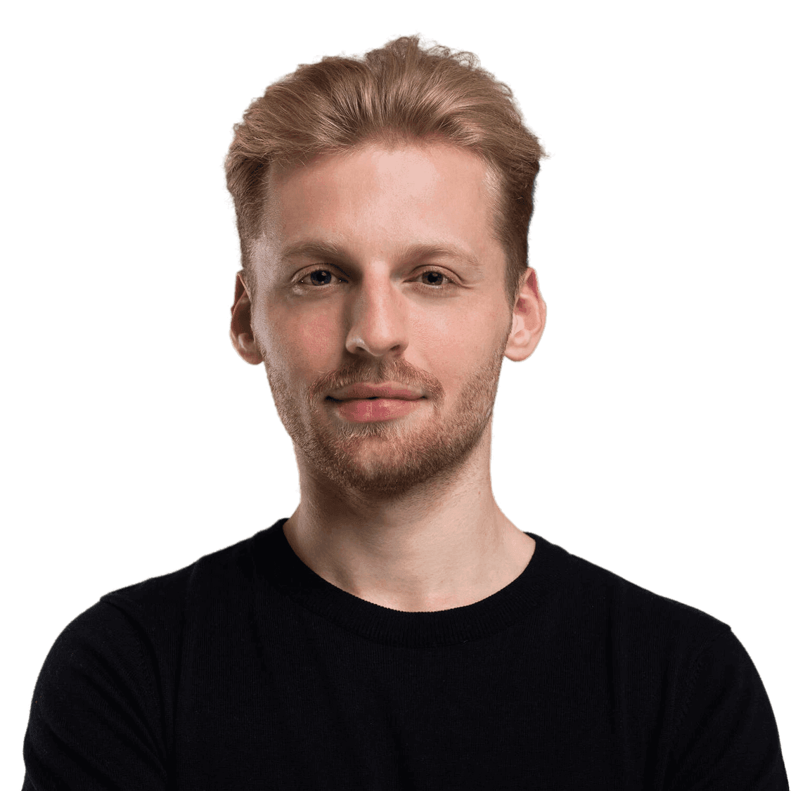 Man with light brown hair and beard in black shirt